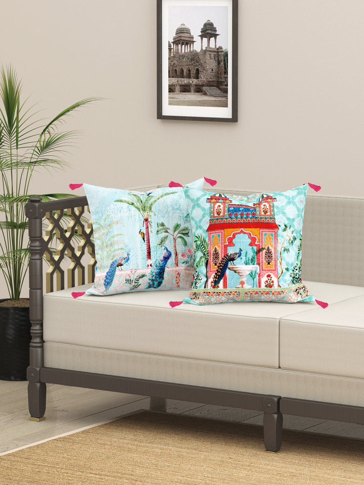 Mughal Theme Blue Colored set of 2 Digital Print Cushion Covers