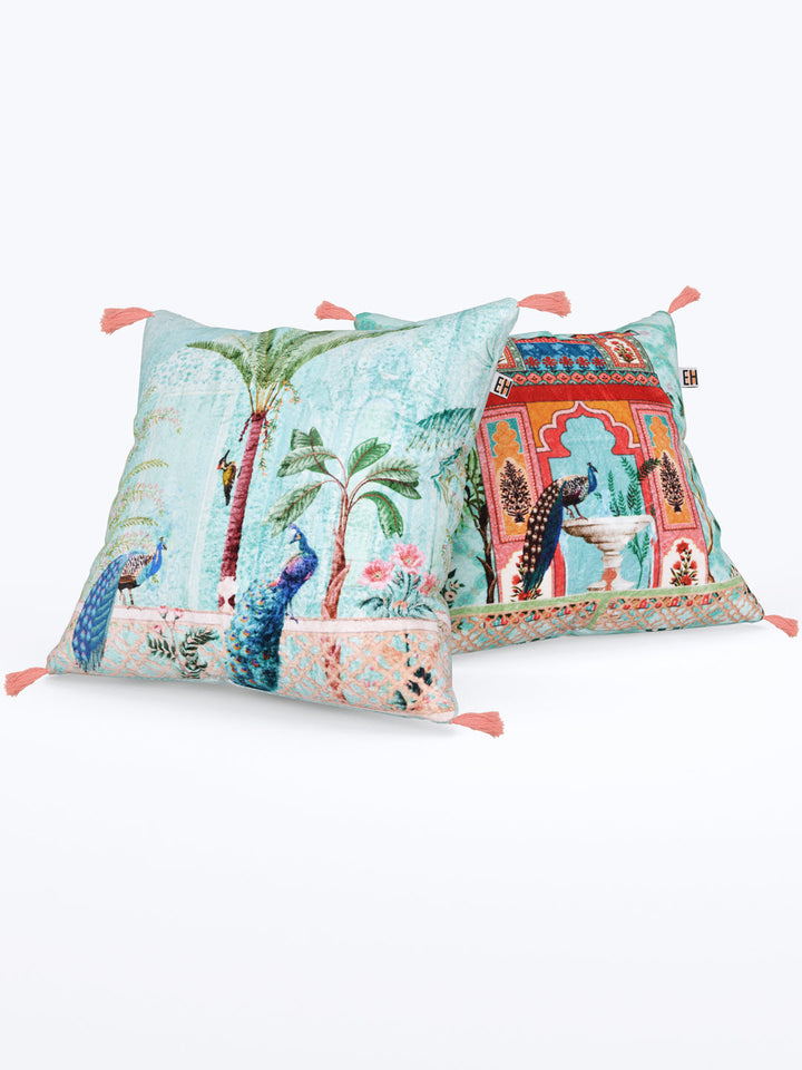 Mughal Theme Blue Colored set of 2 Digital Print Cushion Covers