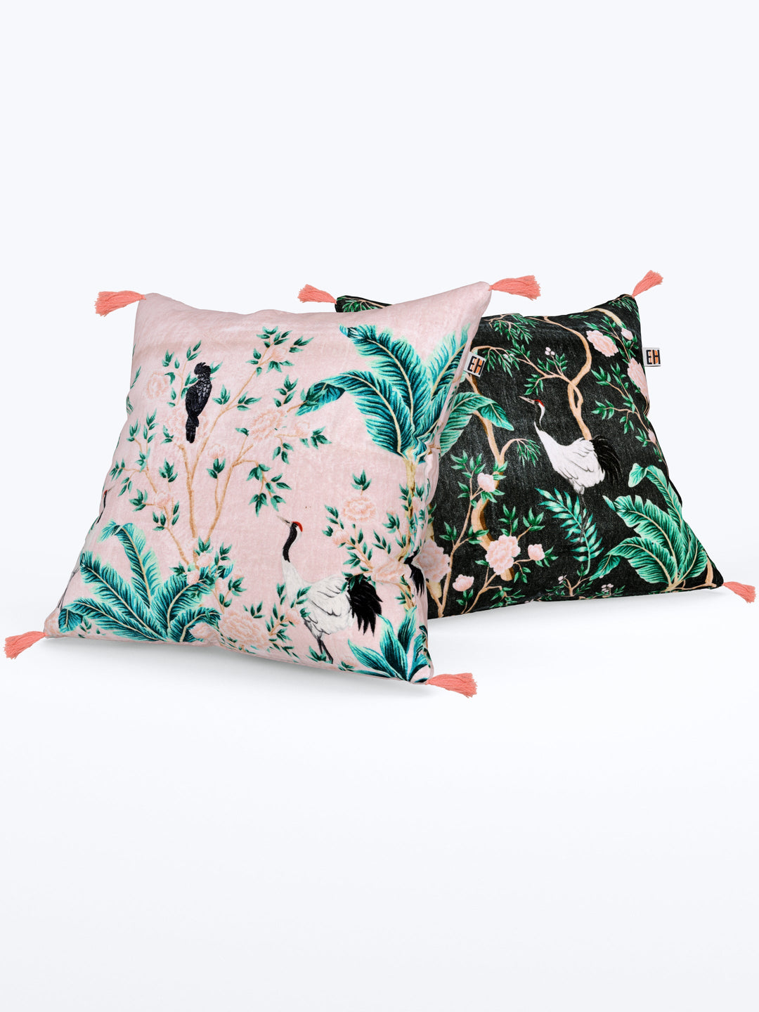 Chinoiserie Theme Pink & Dark Grey set of 2 Digital  Print Cushion Covers
