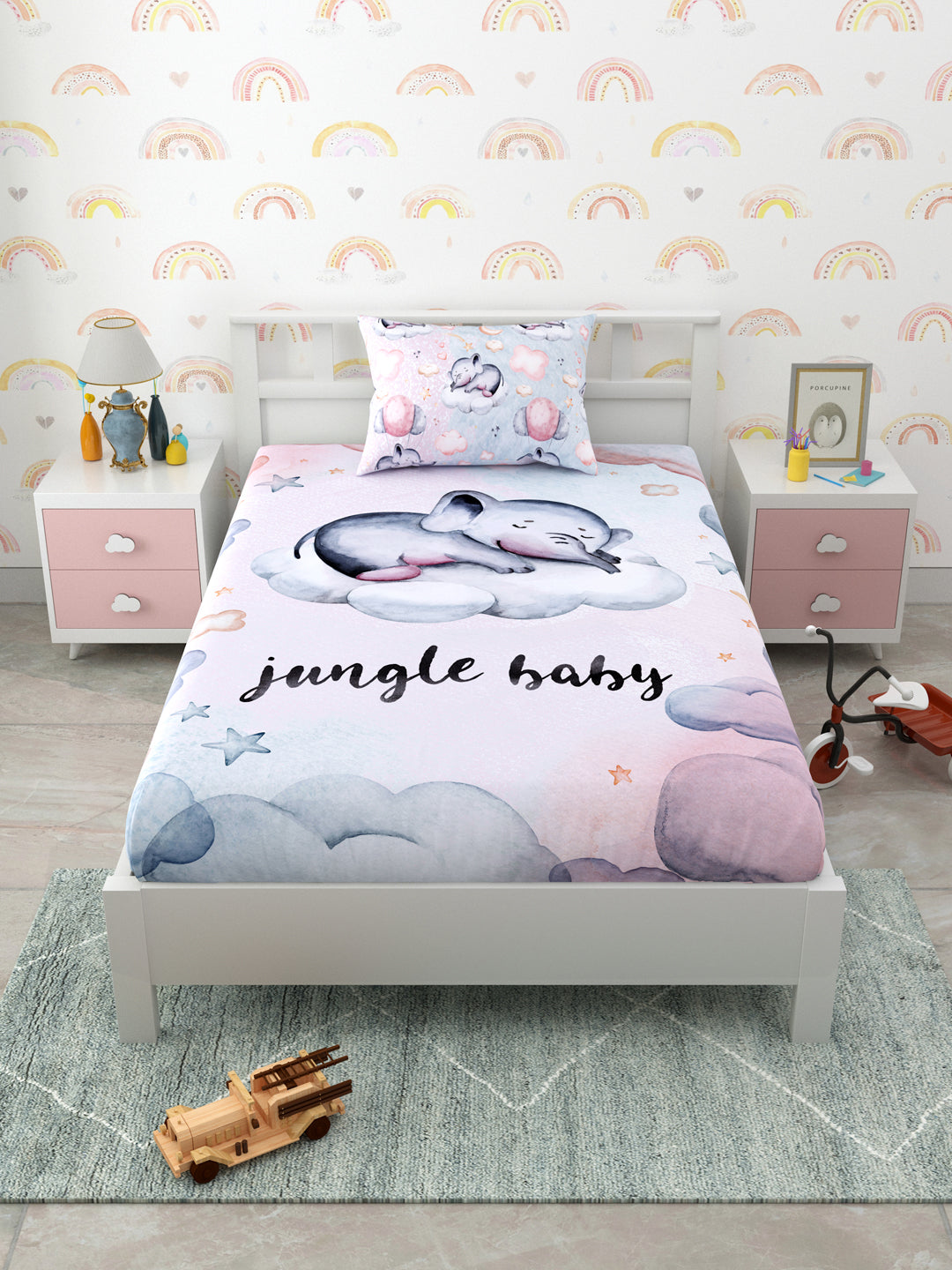 Pink & Grey Elephant Panel Print Kids Bedsheet