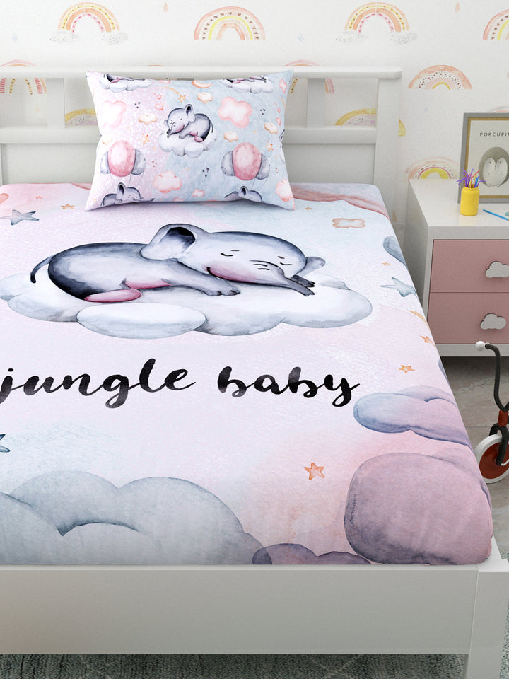 Pink & Grey Elephant Panel Print Kids Bedsheet