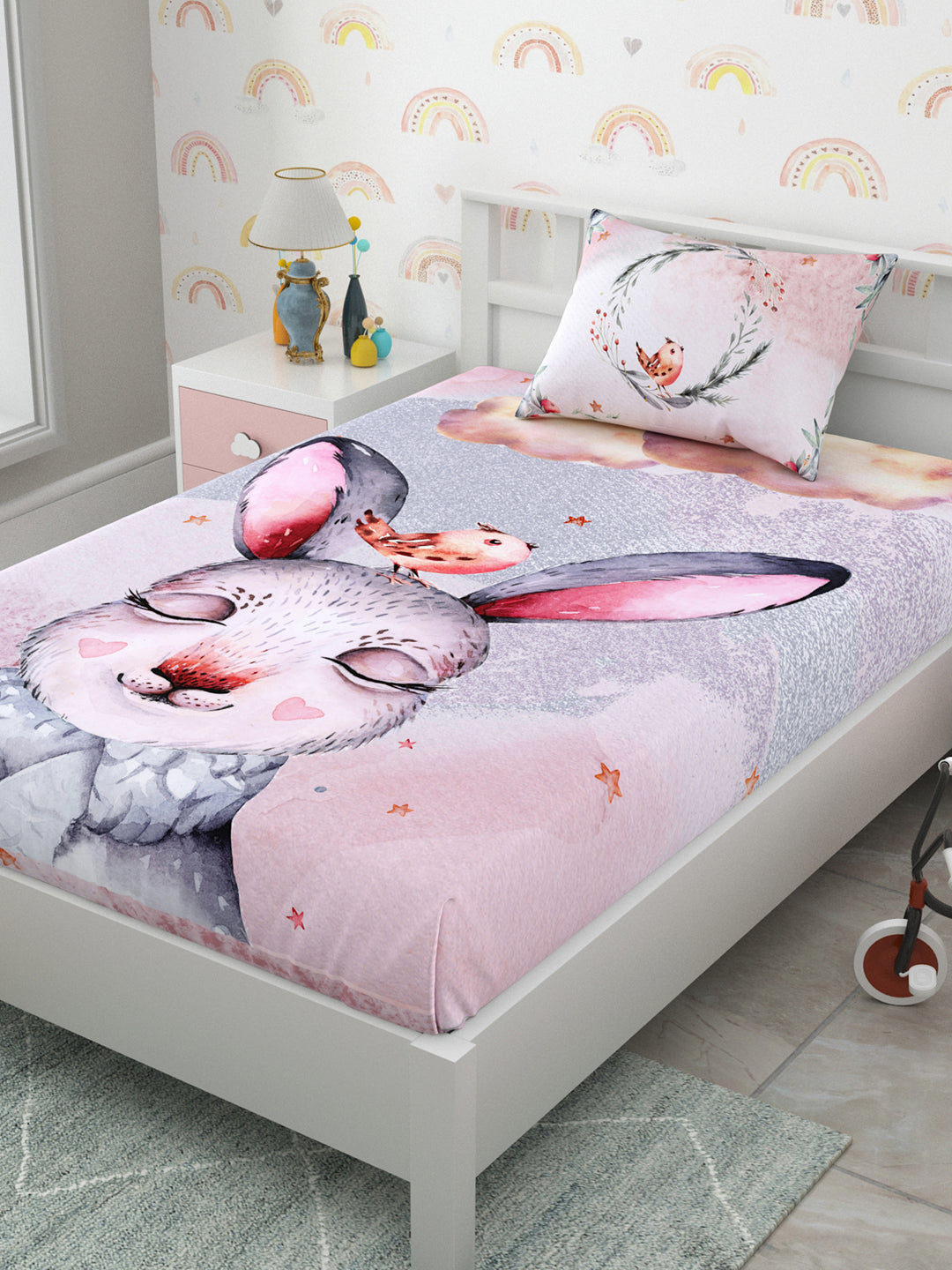 Pink Bunny Panel Print Kids Bedsheet
