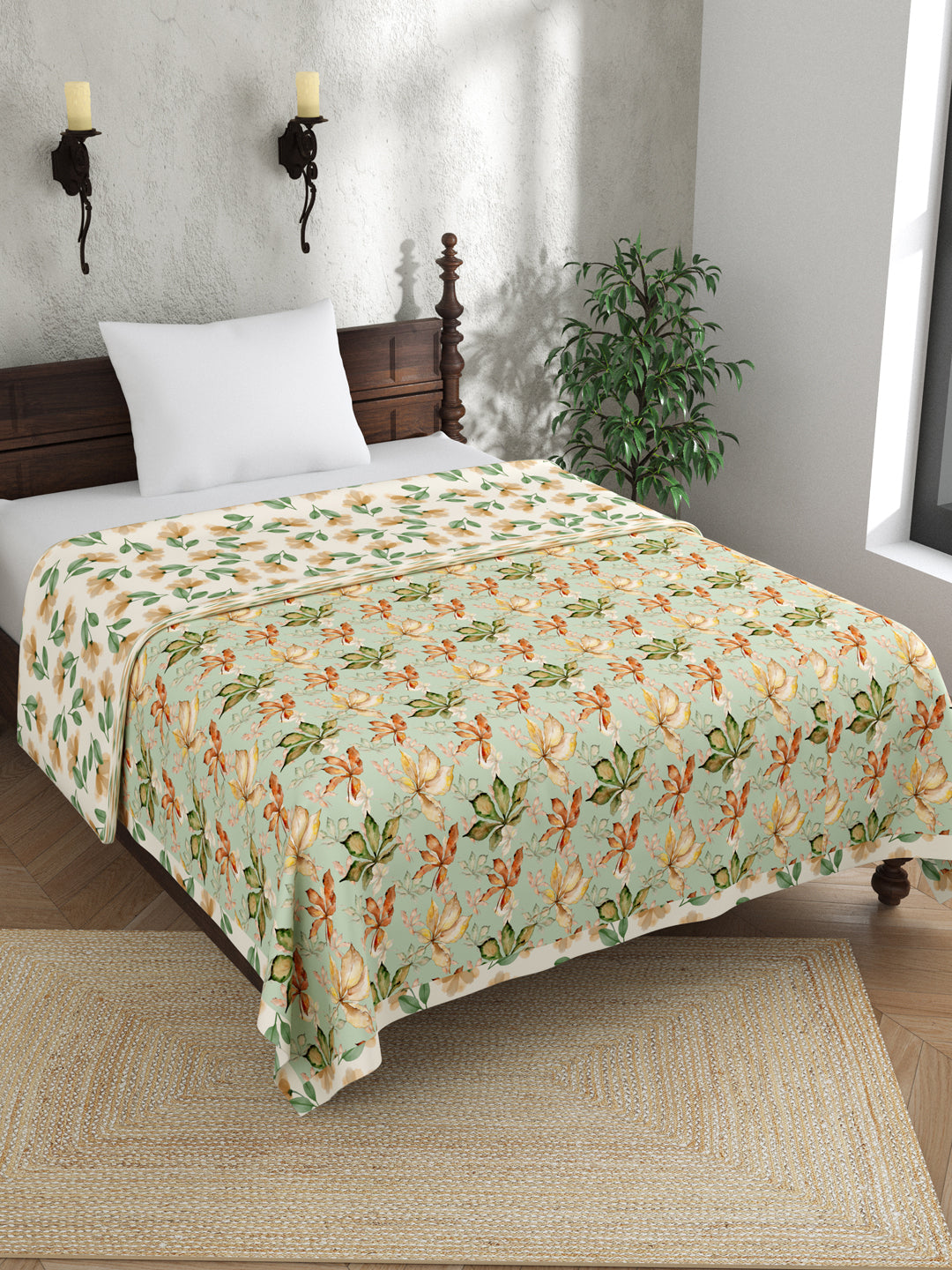 Green and Orange Floral Print Reversible Cotton Dohar