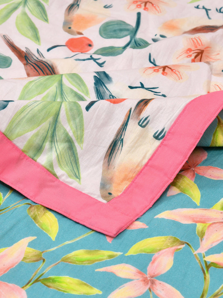 Green and Pink Floral Print Reversible Cotton Dohar