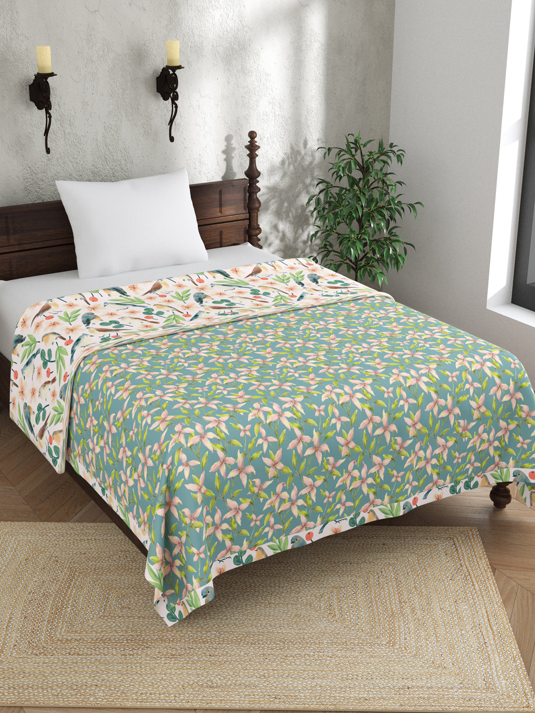 Green and Pink Floral Print Reversible Cotton Dohar