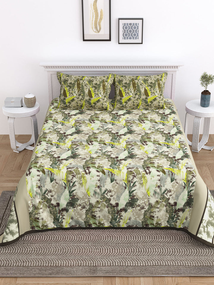 Beige and Green Floral Print Double King Cotton Bed Cover/Bed Spread