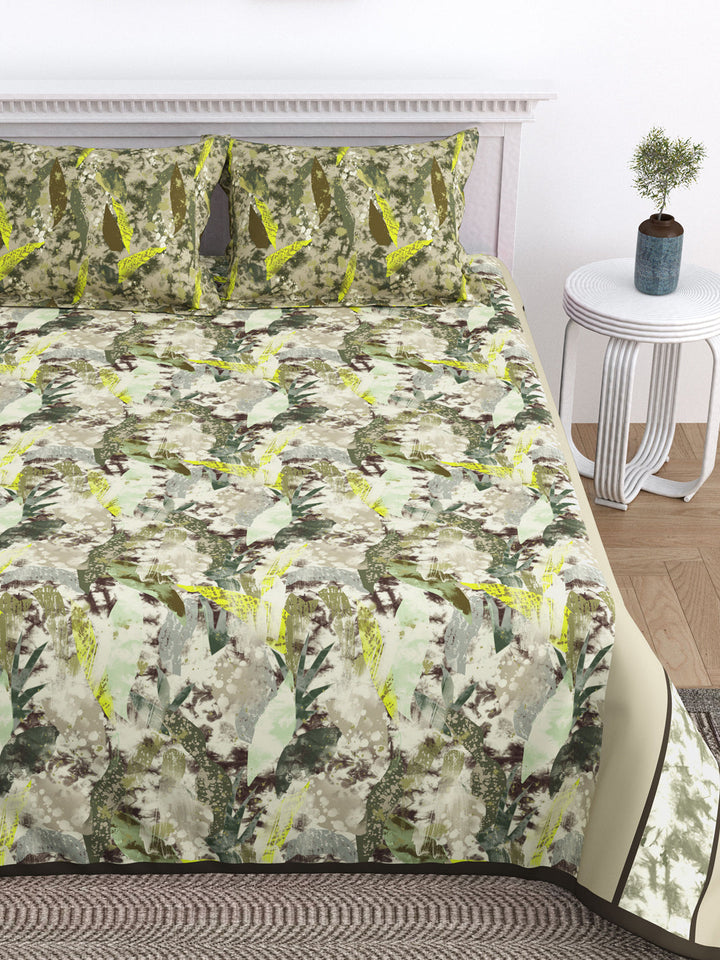 Beige and Green Floral Print Double King Cotton Bed Cover/Bed Spread