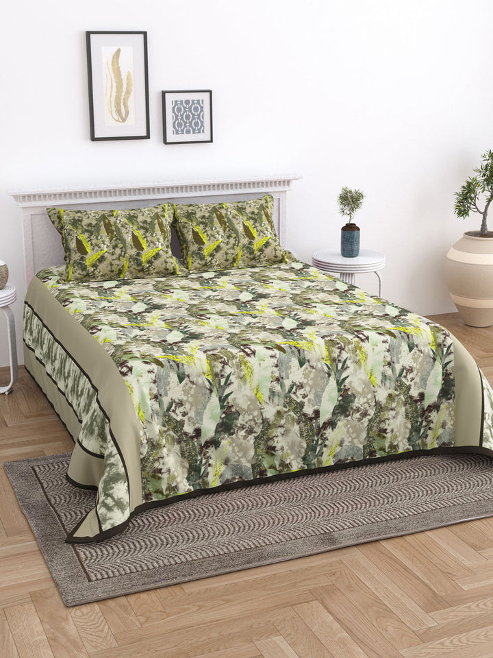 Beige and Green Floral Print Double King Cotton Bed Cover/Bed Spread