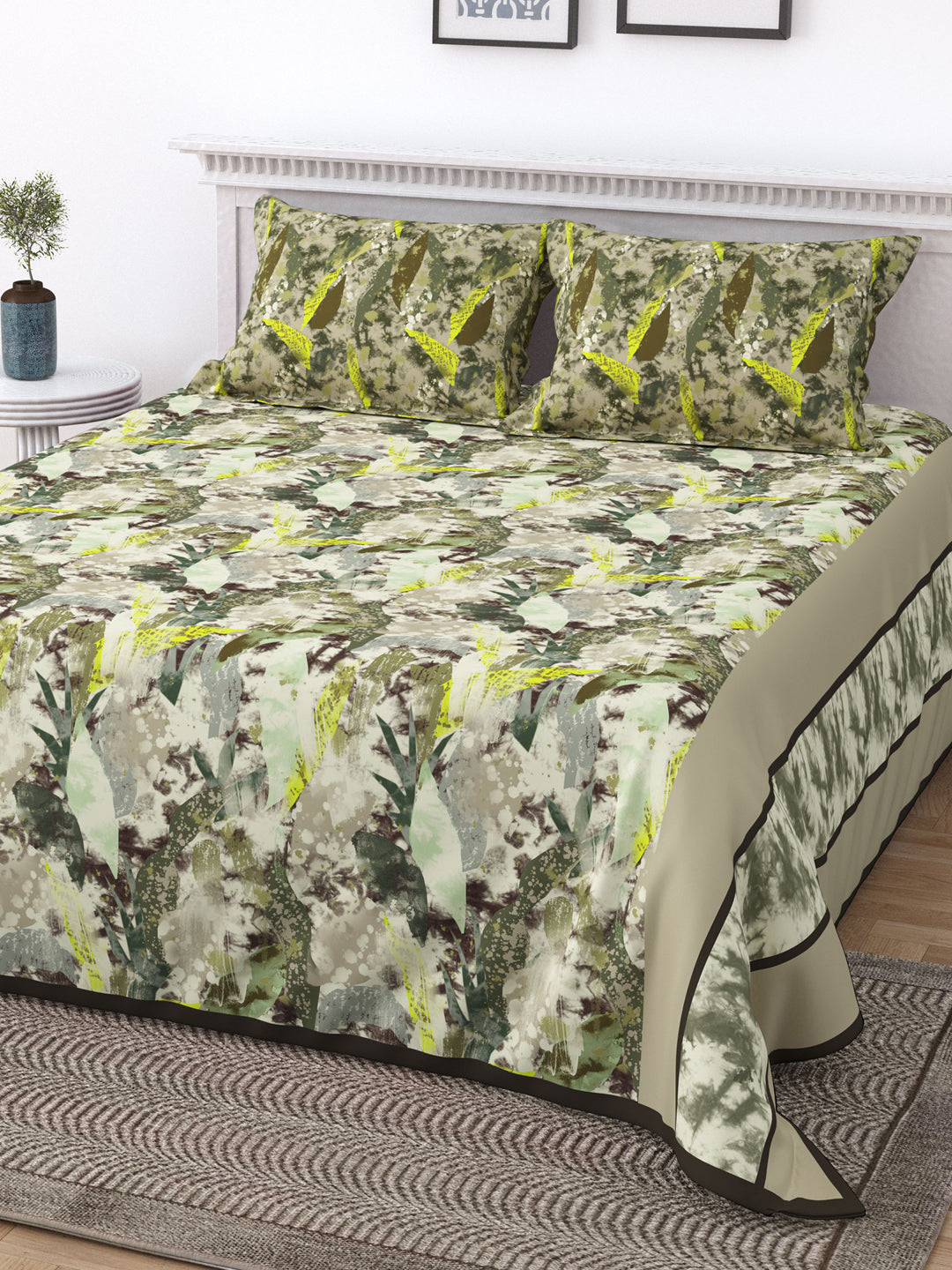 Beige and Green Floral Print Double King Cotton Bed Cover/Bed Spread