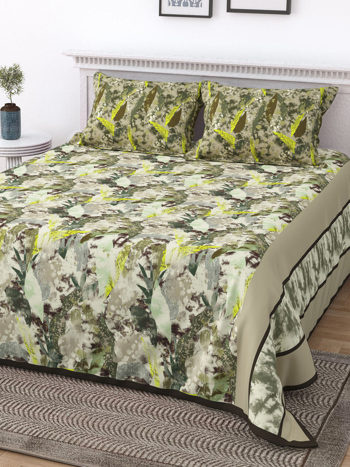 Beige and Green Floral Print Double King Cotton Bed Cover/Bed Spread