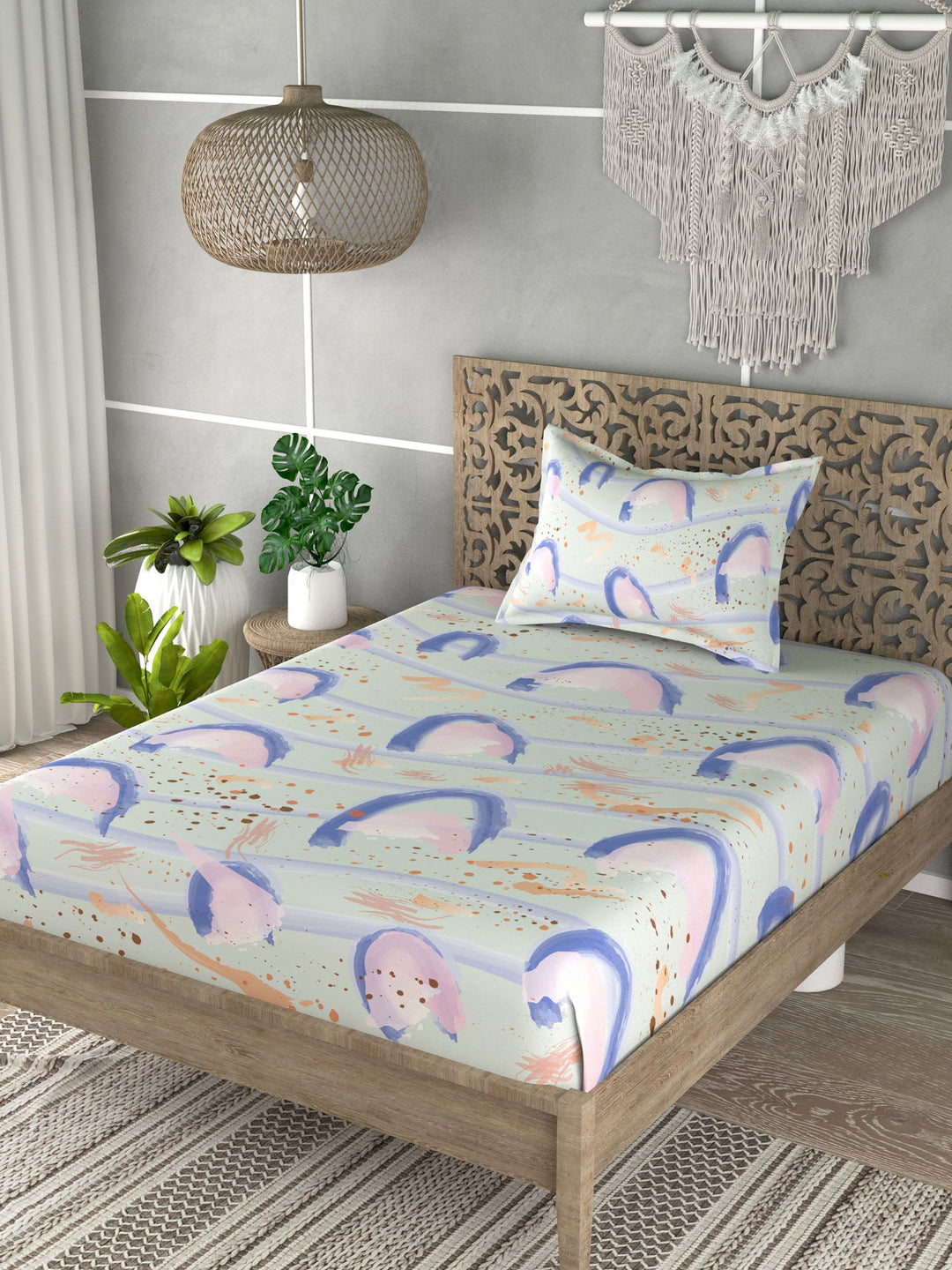 Green & Pink 160 TC Single Bedsheet with 1 Pillow Covers