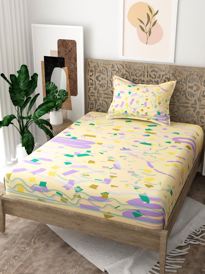 Yellow Abstract Print Pure Cotton Single Bedsheet with 1 Pillow Cover