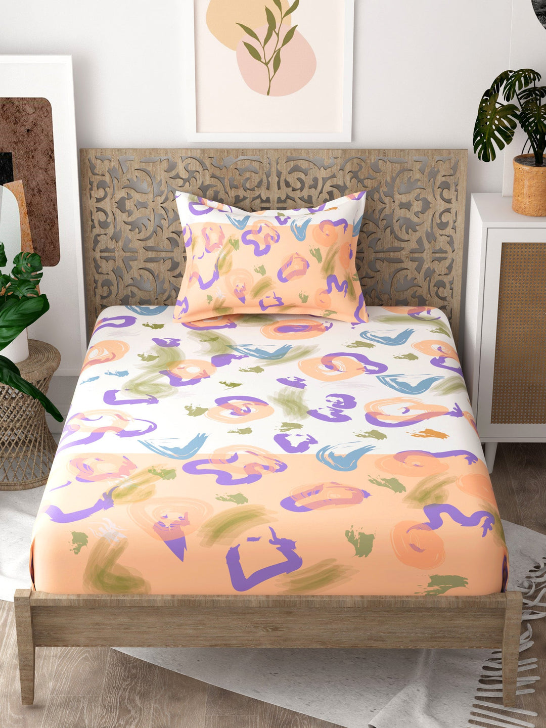 White and Orange Abstract Print Pure Cotton Single Bedsheet with 1 Pillow Cover