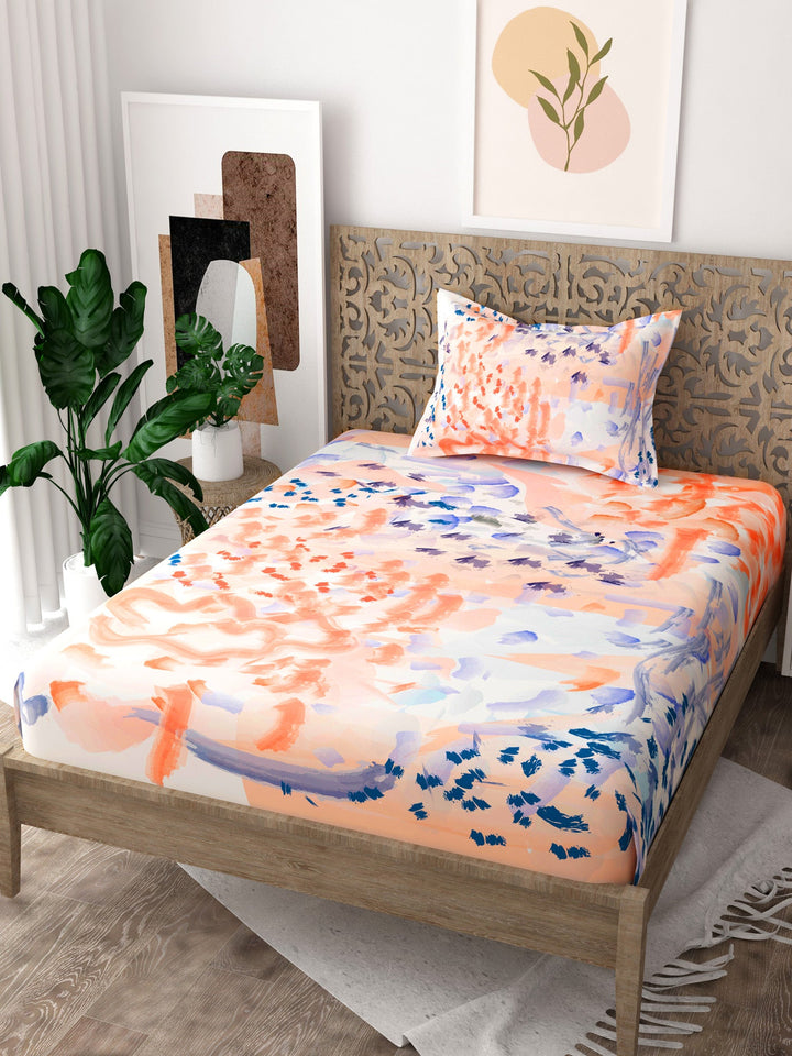 Orange and Blue Abstract Print Pure Cotton Single Bedsheet with 1 Pillow Cover