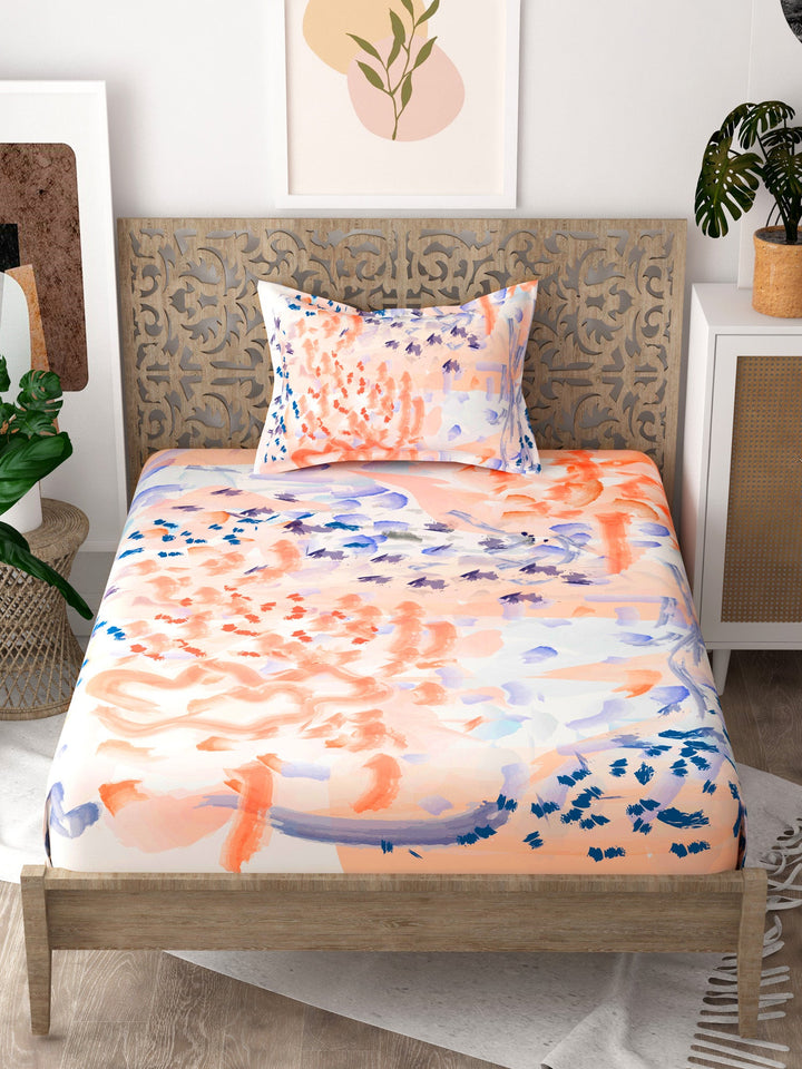 Orange and Blue Abstract Print Pure Cotton Single Bedsheet with 1 Pillow Cover