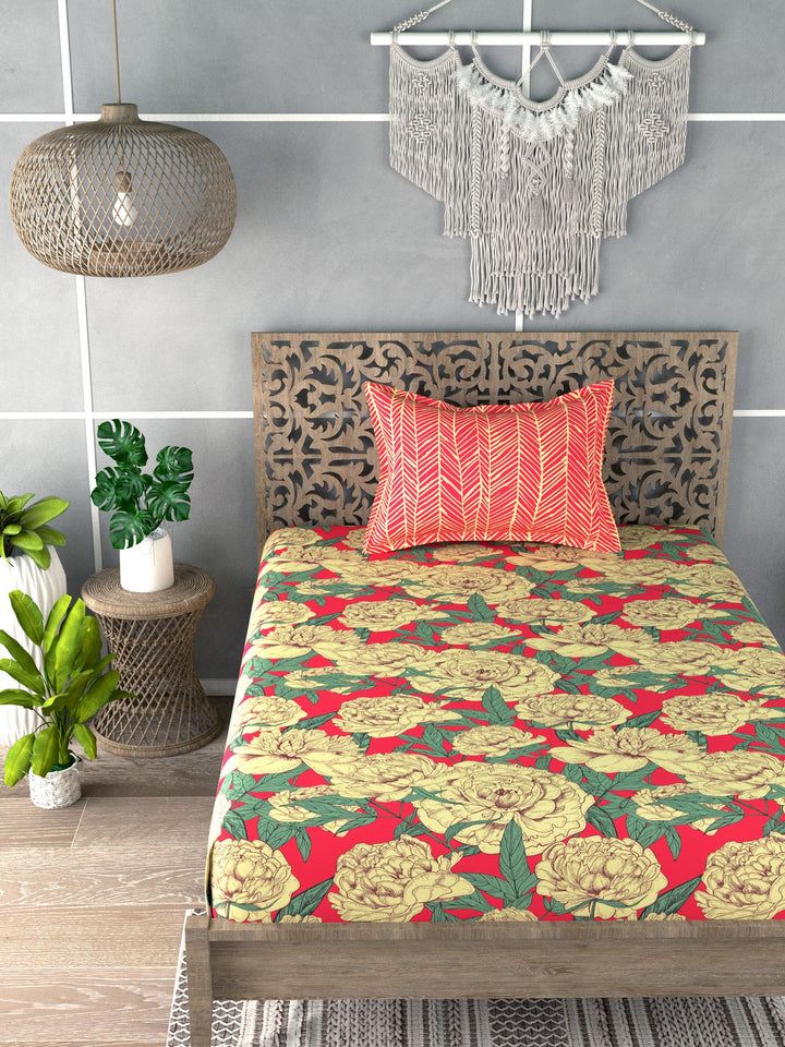 Yellow & Red Floral Print Single Bedsheet with 1 Pillow Cover