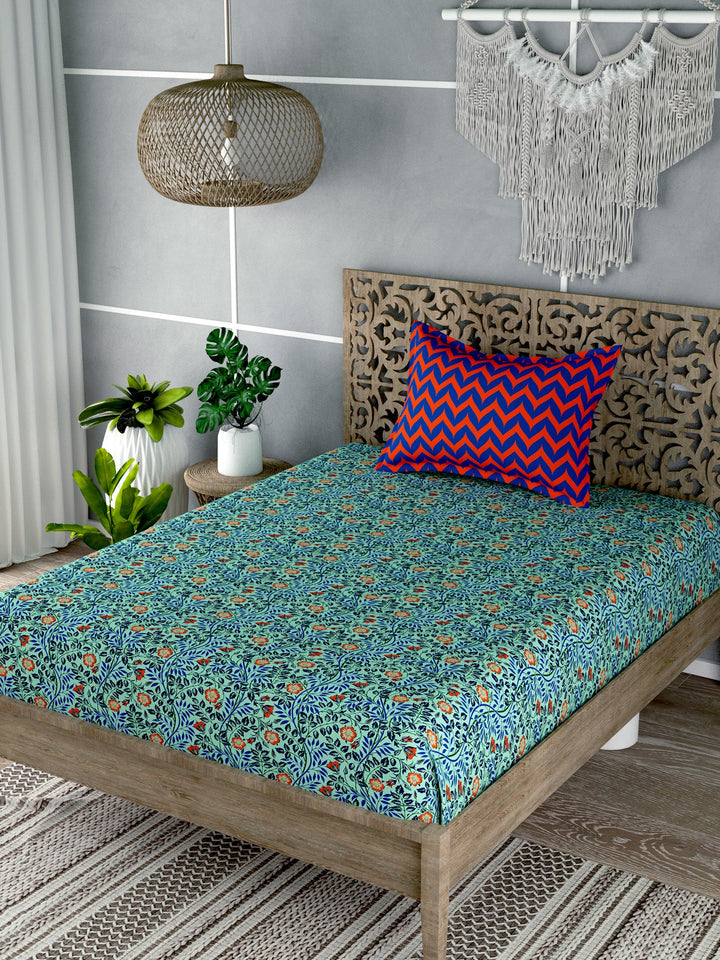 Sea Green Floral Print Single Bedsheet with 1 Pillow Cover