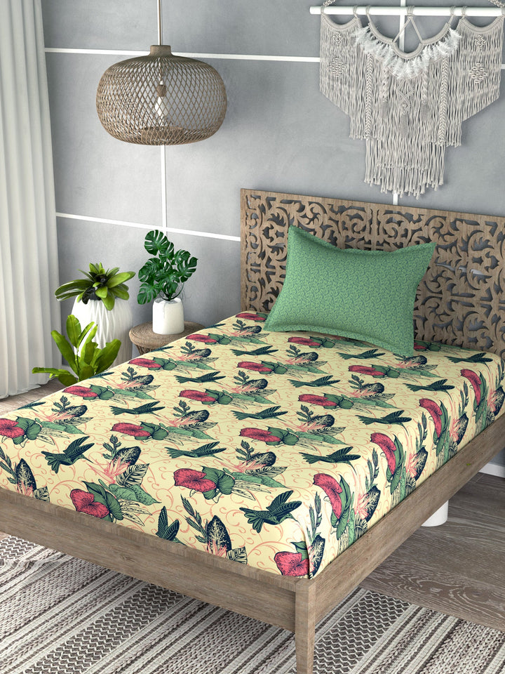 Yellow&Green Floral Print Single Bedsheet with 1 Pillow Cover