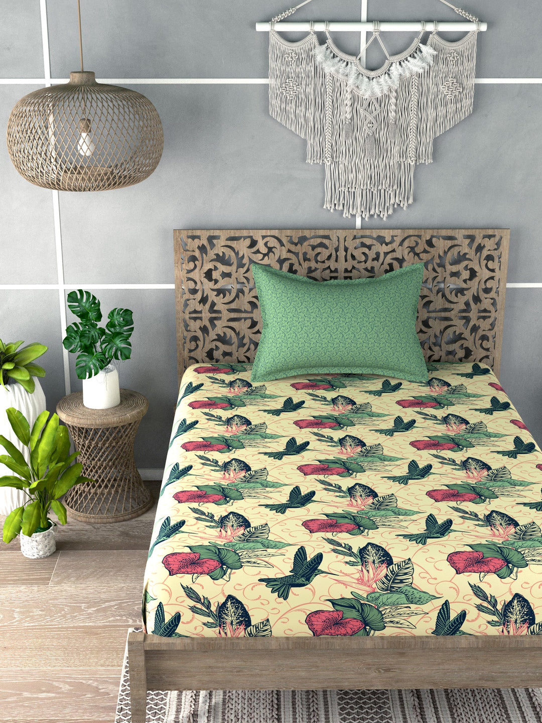 Yellow&Green Floral Print Single Bedsheet with 1 Pillow Cover