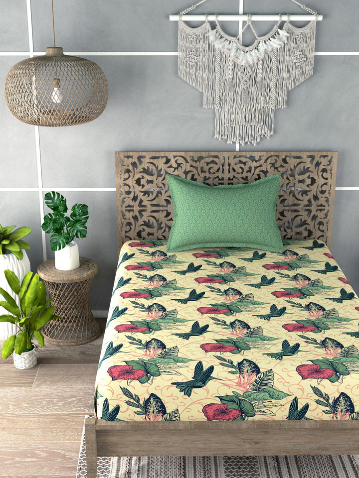 Yellow&Green Floral Print Single Bedsheet with 1 Pillow Cover