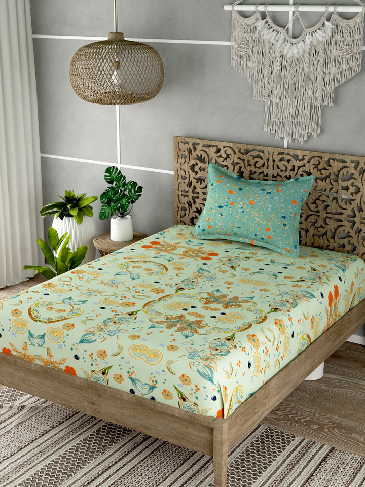 Light Green Floral Print Single Bedsheet with 1 Pillow Cover