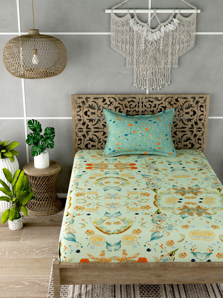 Light Green Floral Print Single Bedsheet with 1 Pillow Cover