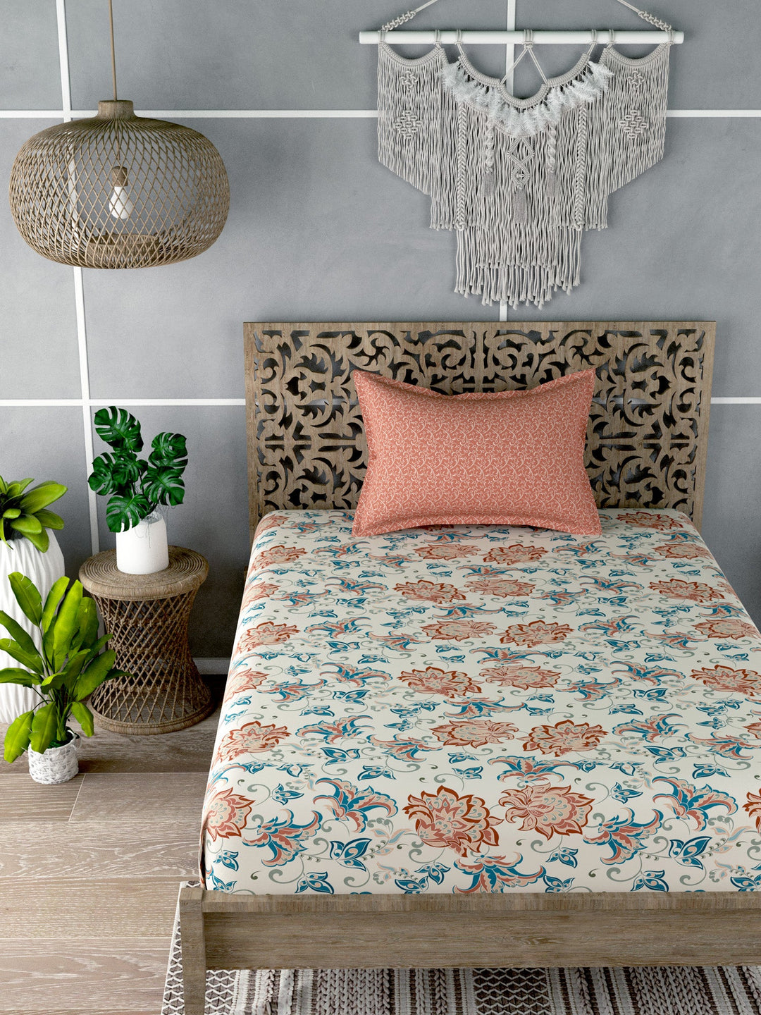Beige Floral Print Single Bedsheet with 1 Pillow Cover