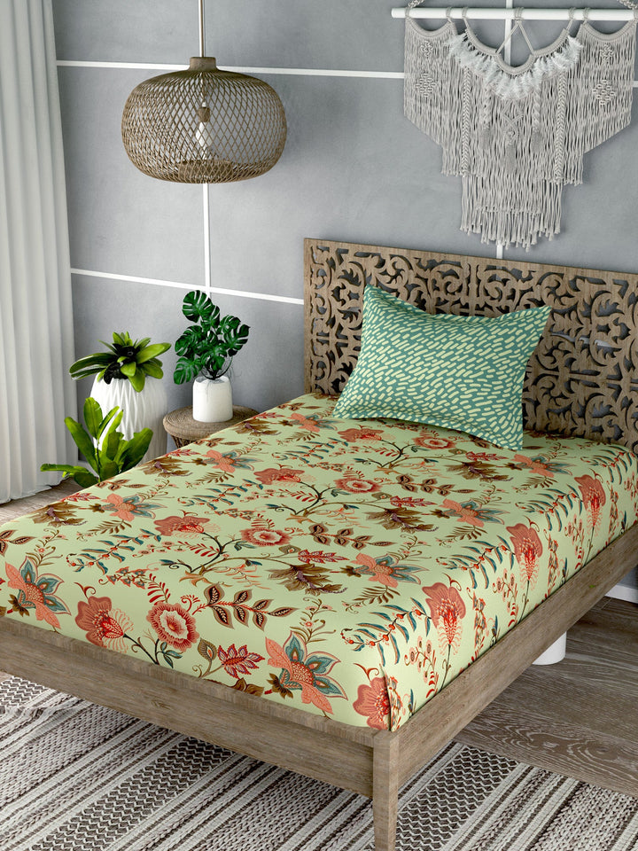 Green & Peach-Coloured Single Bedsheet with 1 Pillow Cover