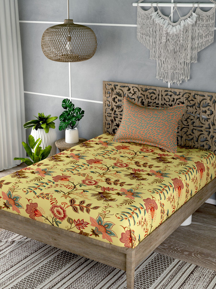 Yellow & Red Ethnic Motifs Single Bedsheet with 1 Pillow Cover