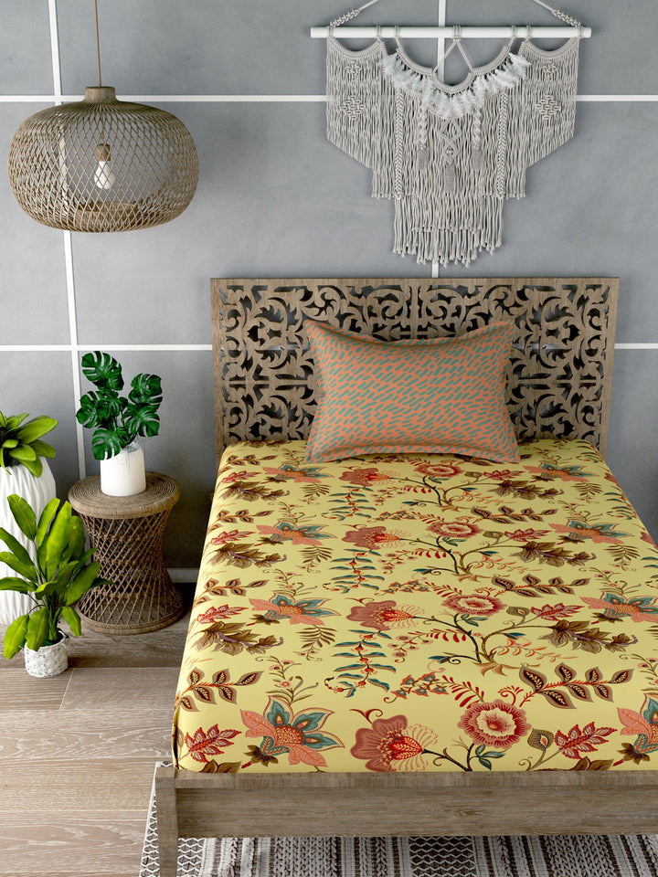 Yellow & Red Ethnic Motifs Single Bedsheet with 1 Pillow Cover