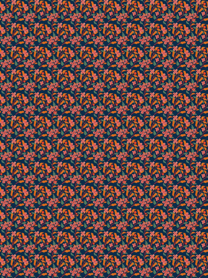 Navy Blue&Orange Floral Print Single Bedsheet with 1 Pillow Cover