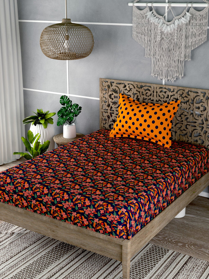 Navy Blue&Orange Floral Print Single Bedsheet with 1 Pillow Cover