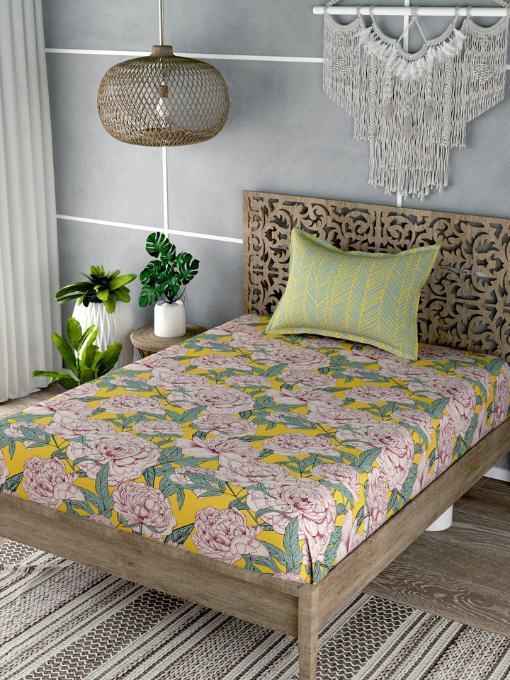 Yellow Floral Print Single Bedsheet with 1 Pillow Cover