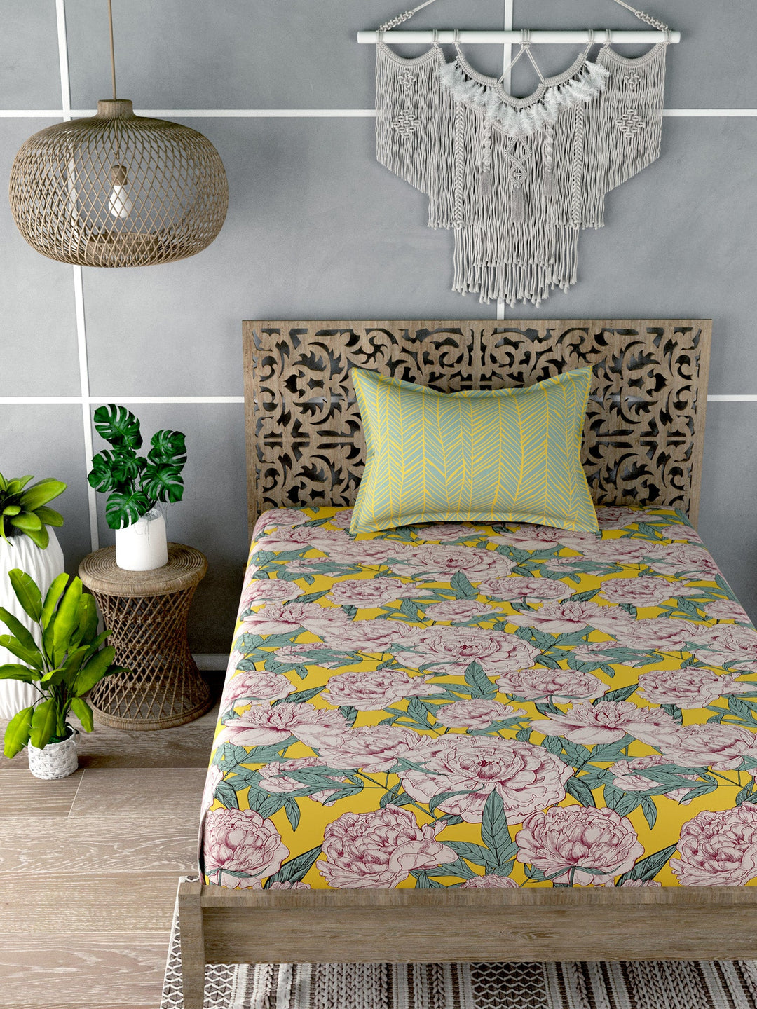 Yellow Floral Print Single Bedsheet with 1 Pillow Cover