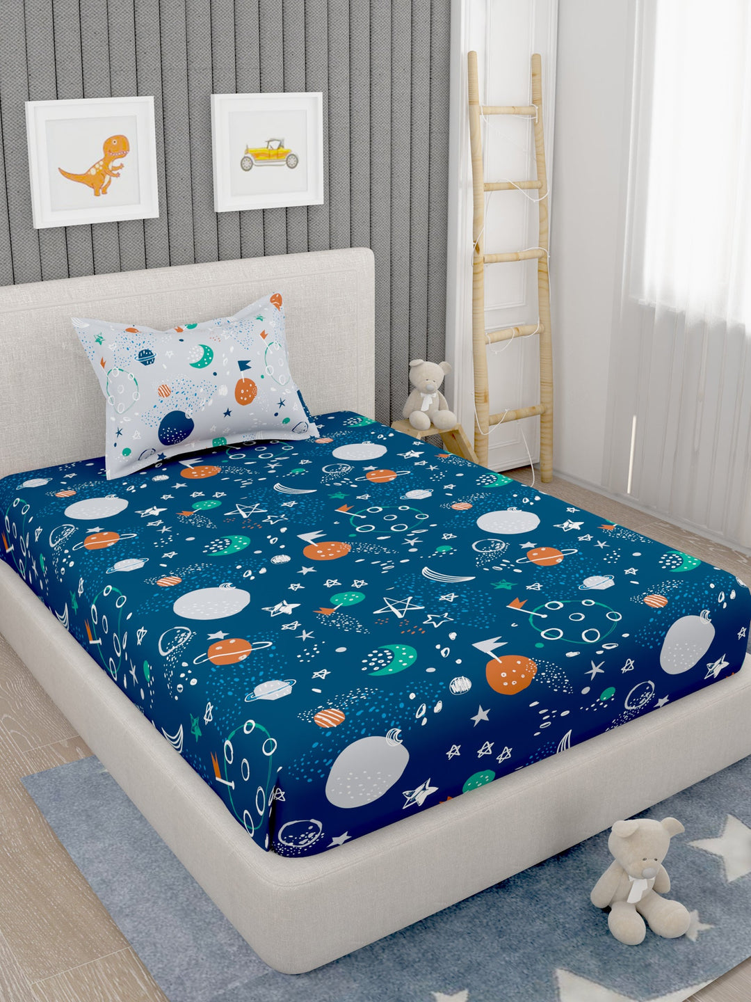 EverHome Blue Conversational Print 100%Cotton Single Bedsheet with 1 Pillow Cover (150X224 cm)