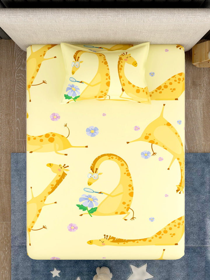 EverHome Giraffe Character Print 100%Cotton Yellow Colored Single Bedsheet with 1 Pillow Cover (150X224 cm)
