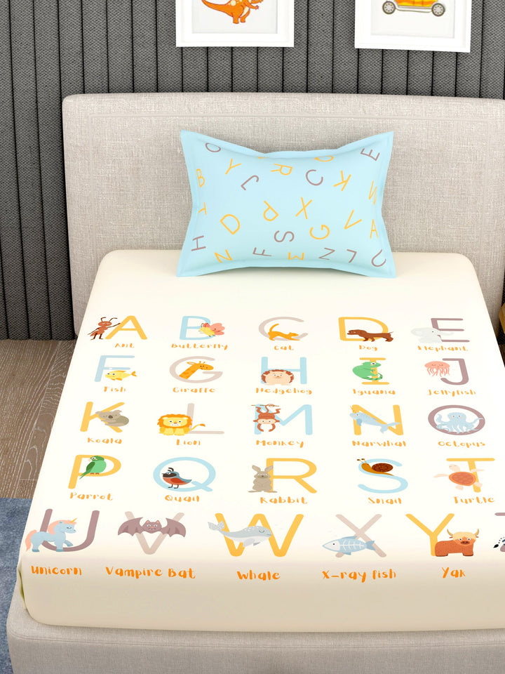 EverHome Cream Conversational Print 100%Cotton Single Bedsheet with 1 Pillow Cover (150X224 cm)