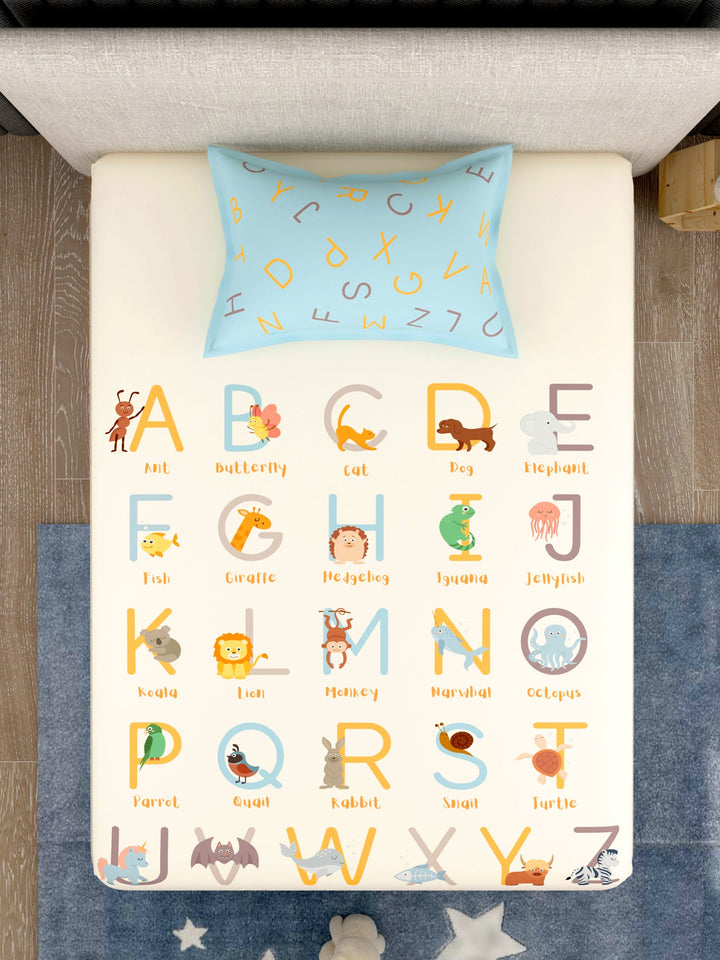 EverHome Cream Conversational Print 100%Cotton Single Bedsheet with 1 Pillow Cover (150X224 cm)