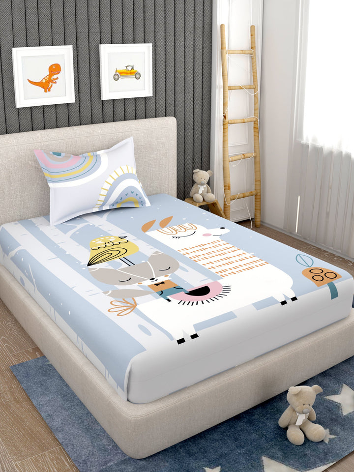 EverHome Grey Cartoon Print 100%Cotton Single Bedsheet with 1 Pillow Cover (150X224 cm)