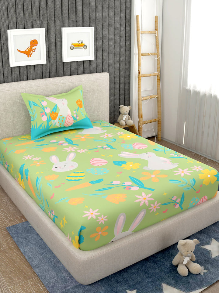EverHome Green Conversational Print 100%Cotton Single Bedsheet with 1 Pillow Cover (150X224 cm)
