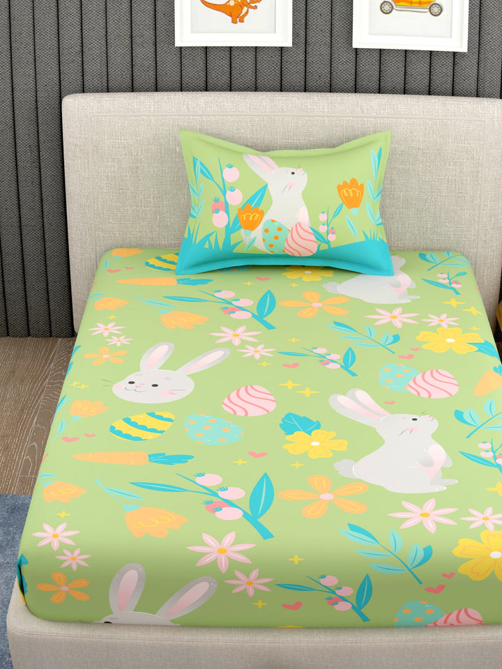 EverHome Green Conversational Print 100%Cotton Single Bedsheet with 1 Pillow Cover (150X224 cm)