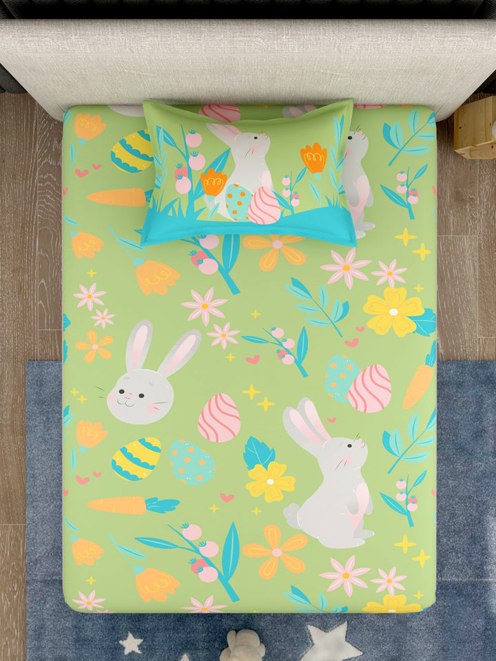 EverHome Green Conversational Print 100%Cotton Single Bedsheet with 1 Pillow Cover (150X224 cm)