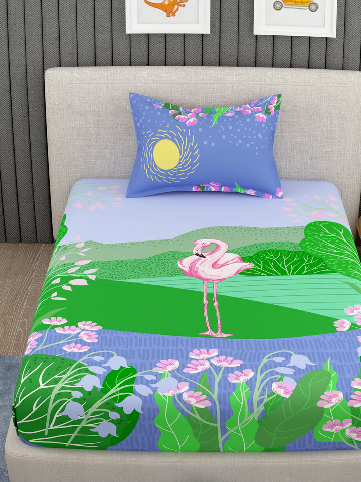 EverHome Blue Animal Print 100%Cotton Single Bedsheet with 1 Pillow Cover (150X224 cm)