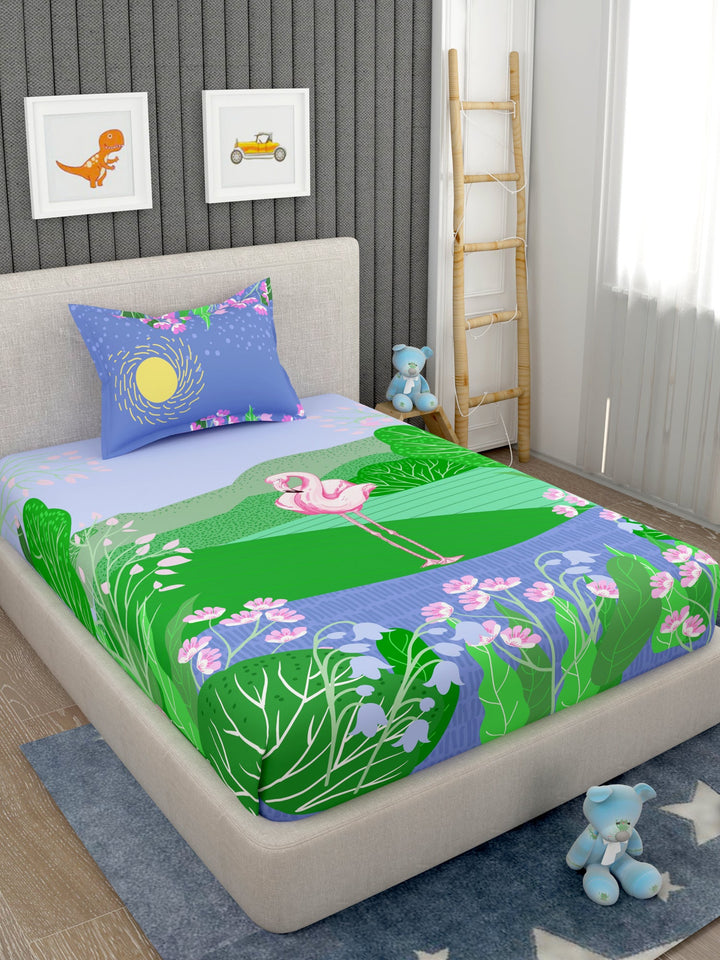 EverHome Blue Animal Print 100%Cotton Single Bedsheet with 1 Pillow Cover (150X224 cm)