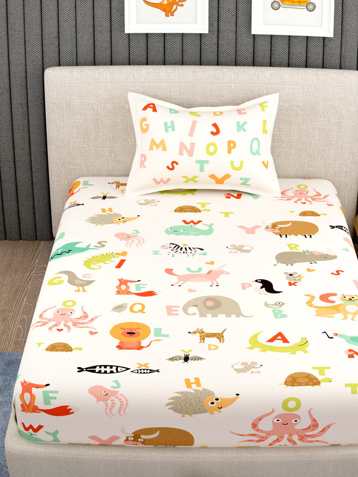 EverHome Cream Conversational Print 100%Cotton Single Bedsheet with 1 Pillow Cover (150X224 cm)
