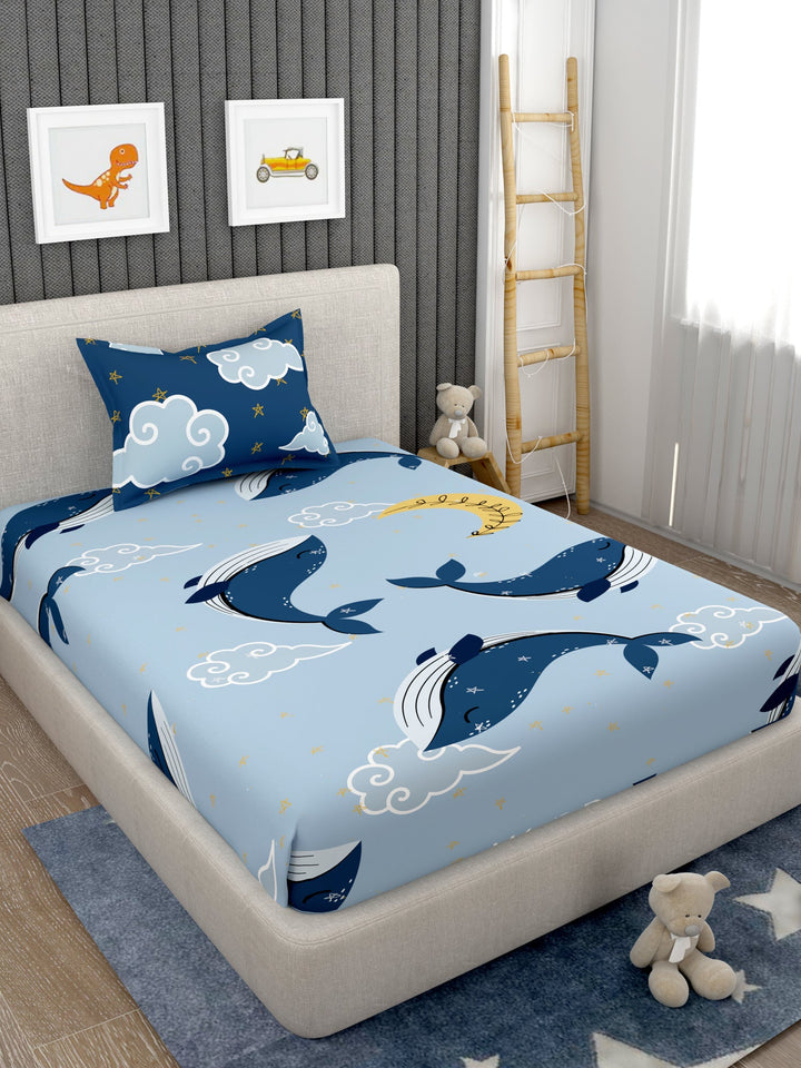 EverHome Blue Shark Print 100%Cotton Single Bedsheet with 1 Pillow Cover (150X224 cm)