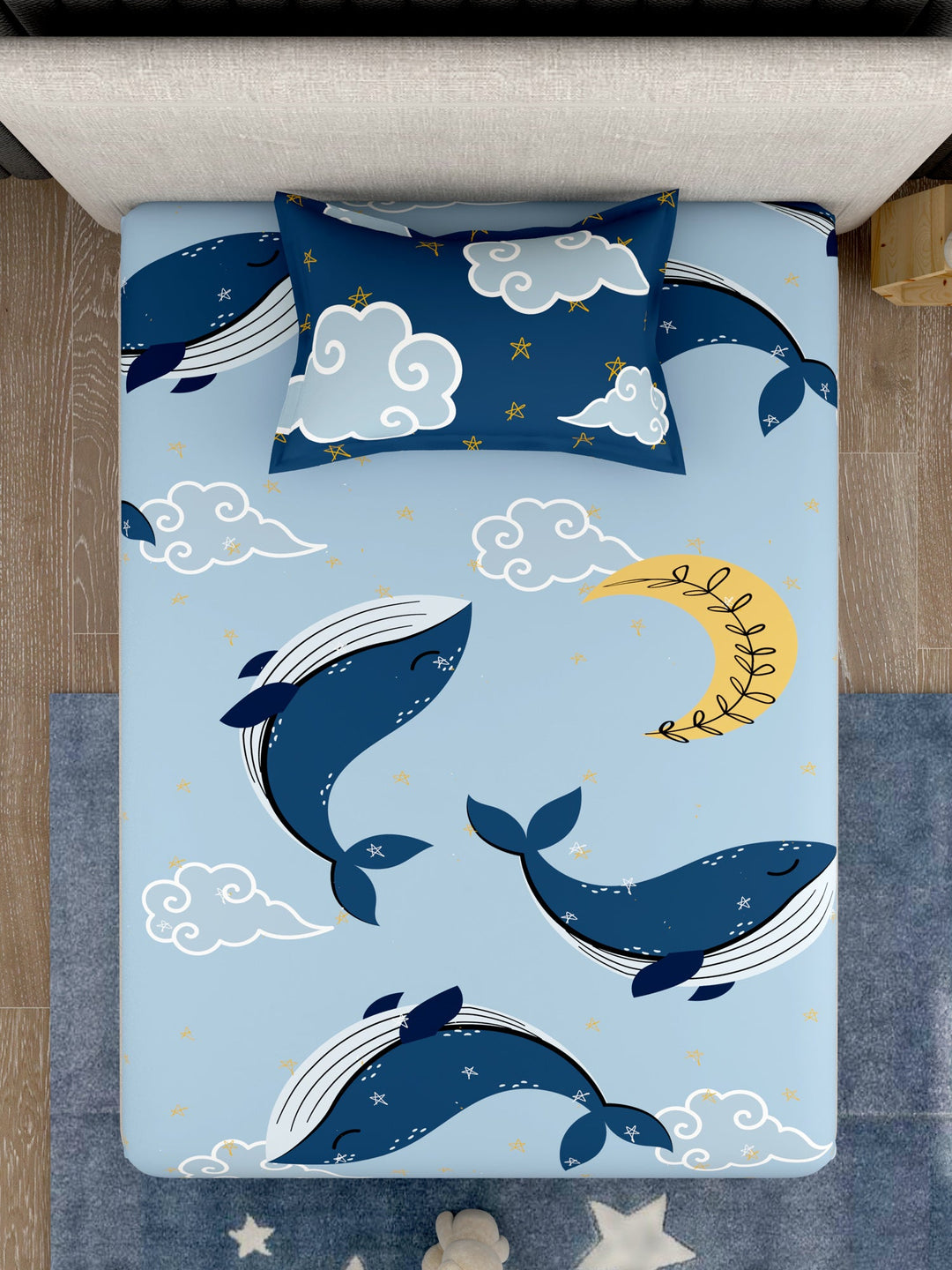 EverHome Blue Shark Print 100%Cotton Single Bedsheet with 1 Pillow Cover (150X224 cm)