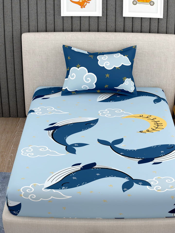EverHome Blue Shark Print 100%Cotton Single Bedsheet with 1 Pillow Cover (150X224 cm)