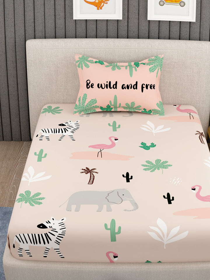 EverHome Pink Animal Print 100%Cotton Single Bedsheet with 1 Pillow Cover (150X224 cm)