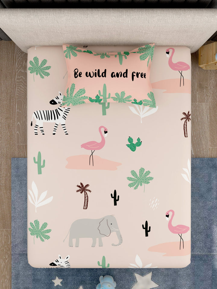 EverHome Pink Animal Print 100%Cotton Single Bedsheet with 1 Pillow Cover (150X224 cm)